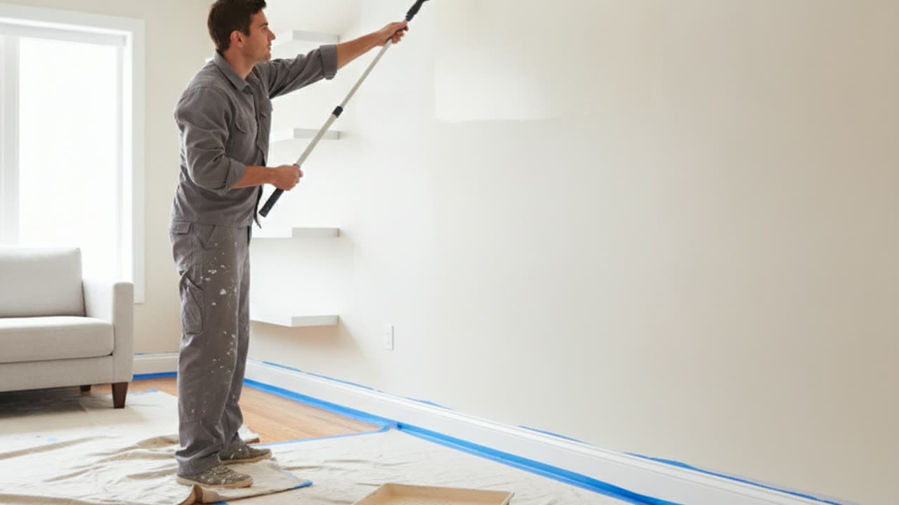 Professional painter cutting in a clean edge on an interior wall in a Marietta, GA home with floors covered and furniture protected