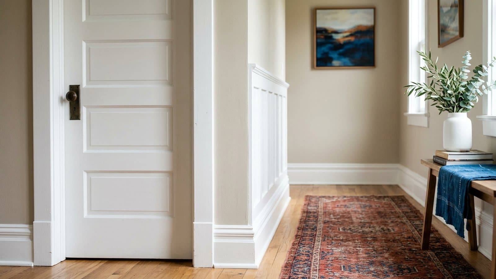 Crisp white painted trim, baseboards, and interior door in a Marietta, GA home